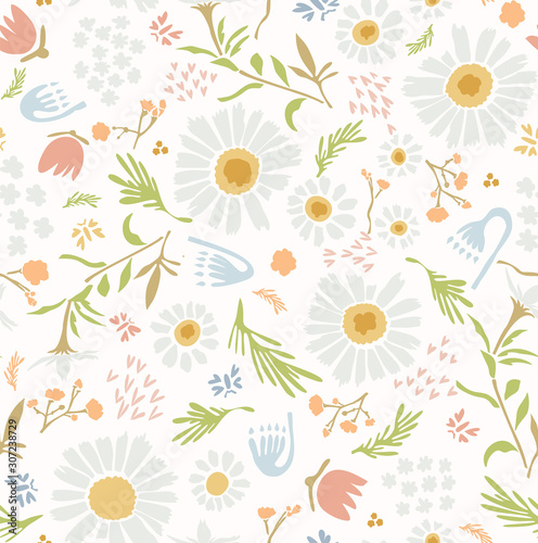 Chamomile Lawn Daisy Wildflower Motif Background. Naive Margerite Flower Seamless Pattern on White. Delicate Leaves Hand Drawn Textile. Spring and Summer Meadow Repeat Illustration. Vector EPS 10