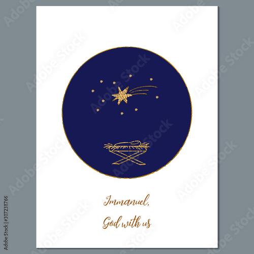 Simple minimal Christmas greeting card template with newborn Jesus in the manger and golden star, on round night dark blue background. Template . Vector.