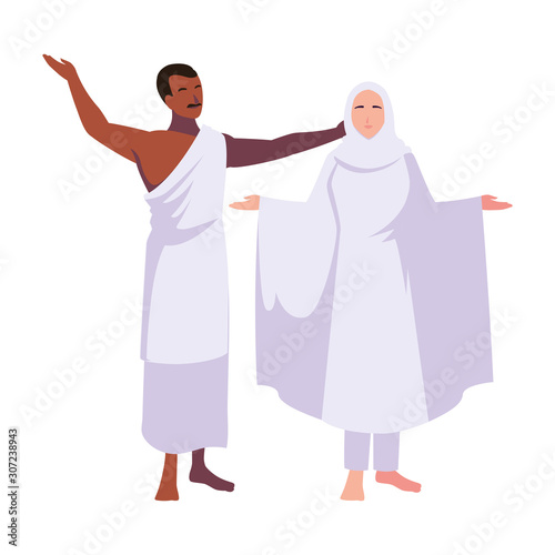 couple of people pilgrims hajj standing on white background