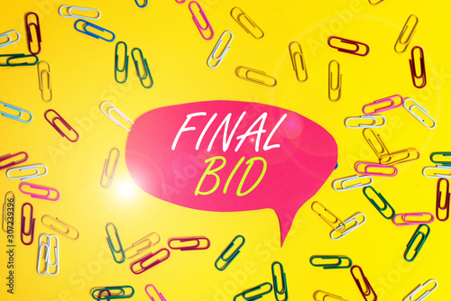 Handwriting text Final Bid. Conceptual photo The decided cost of an item which is usualy very expensive Flat lay above empty paper with copy space and colored paper clips