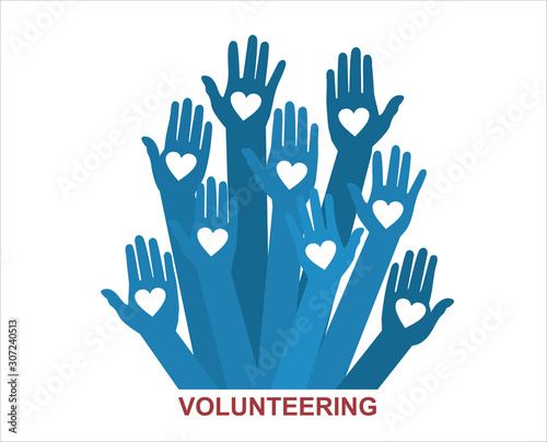 Hands with hearts. Raised hands volunteering vector concept