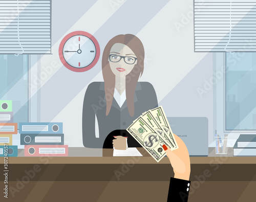 Bank teller behind window. Hand with cash. Depositing money in bank account. People service and payment. Vector illustration in flat style