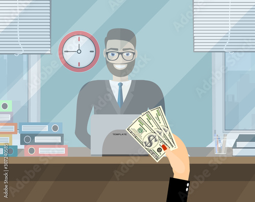 Bank teller behind window. Hand with cash. Depositing money in bank account. People service and payment. Vector illustration in flat style