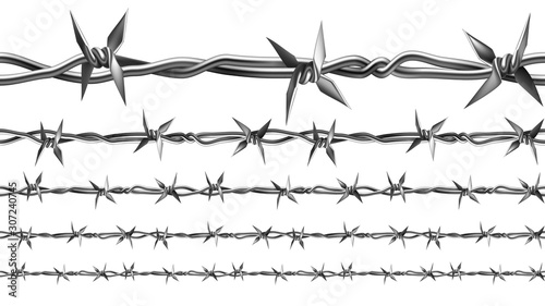 Barbed Wire Of Fence Seamless Pattern Set Vector. Collection Of Metallic Fencing Wire Chain Constructed With Sharp Points Arranged At Intervals Along Strands. Template Realistic 3d Illustrations