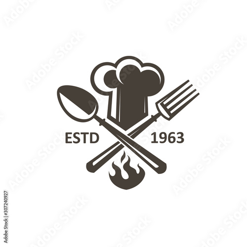 monochrome illustrations of crossed spoon, fork and chef hat isolated on white background