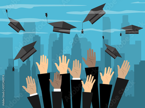 Hands of graduates throwing graduation hats in the air. Concept of education. College or university ceremony. Cityscape. illustration in flat style
