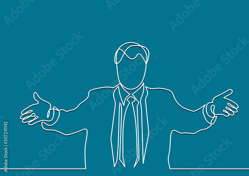 business man or leader raising his hands up celebrating career success and work progress- continuous line drawing