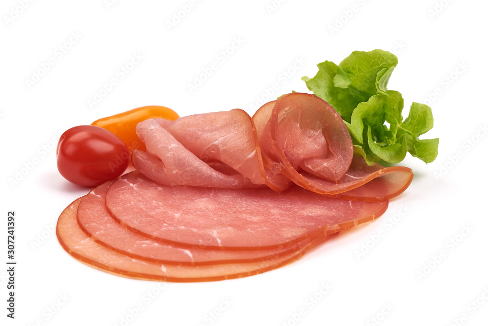 Sliced Smoked Ham sausage, isolated on white background Sliced Smoked Ham sausage, isolated on white background