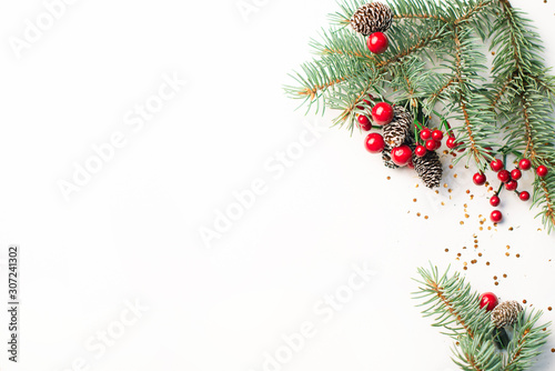 Christmas composition on a white background. Top view with copy space