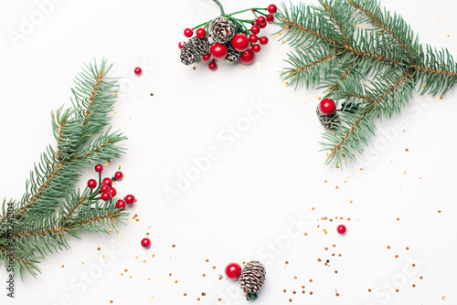 Christmas composition on a white background. Top view with copy space