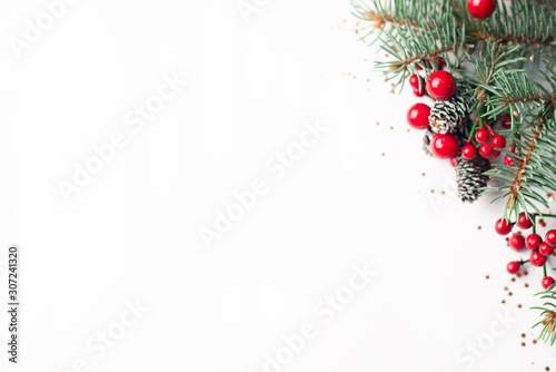 Christmas composition on a white background. Top view with copy space