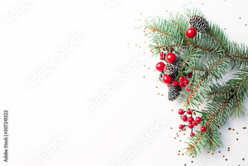 Christmas composition on a white background. Top view with copy space