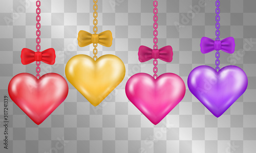 Heart garland glowing vector pieces illustration. 3d glowing lovely hearts hanging on chains, decorated with flirty cute bows isolated on transparent background. Website, poster or banner decoration.