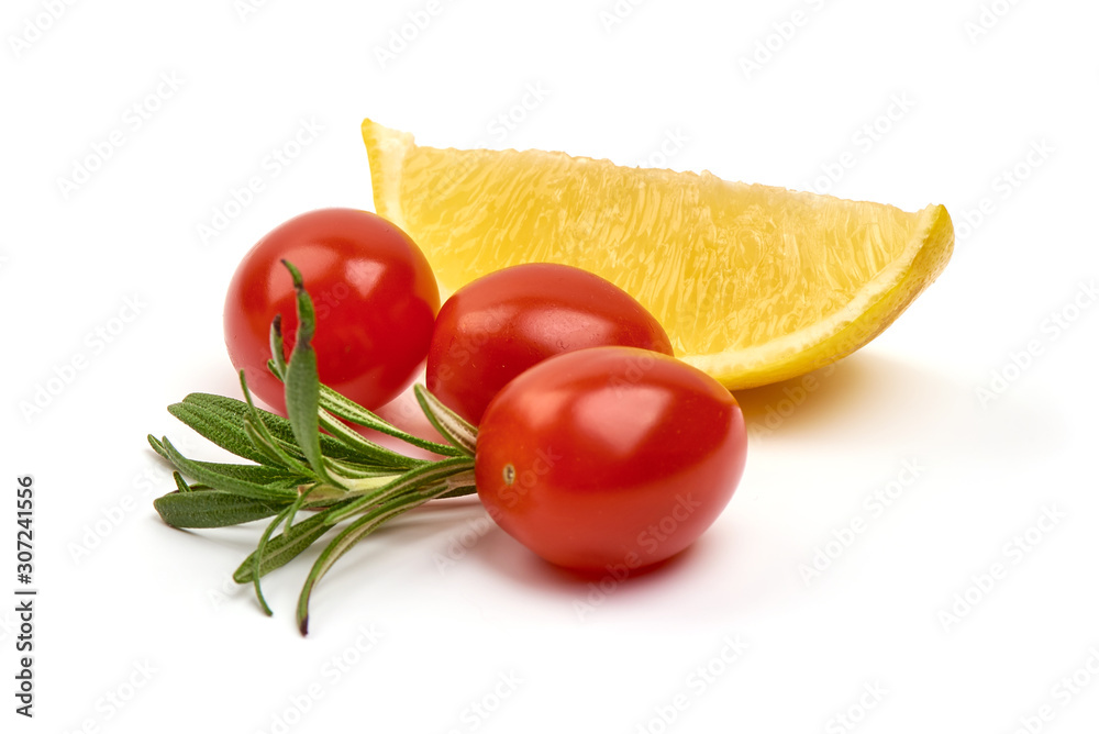 Fresh cherry tomatoes with rosemary, isolated on white background Fresh cherry tomatoes with rosemary, isolated on white background
