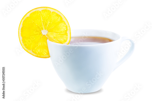 Cup of black tea with lemon on a white isolated background