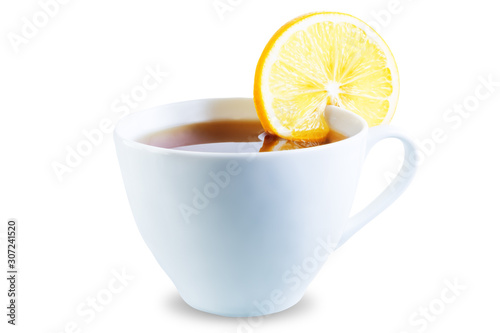 Cup of black tea with lemon on a white isolated background