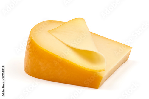 Traditional Dutch Gouda cheese, isolated on white background