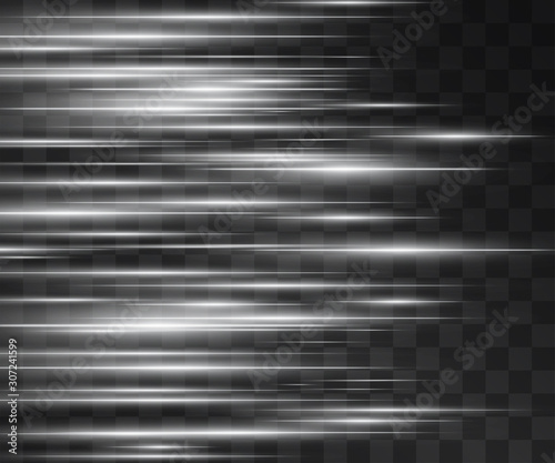 Laser silver white glow vector flashy streams. Motion effect light blinking on transparent background. Light shiny energy shots for modern hi-tech design. Power pulsing flow of high speed particles.
