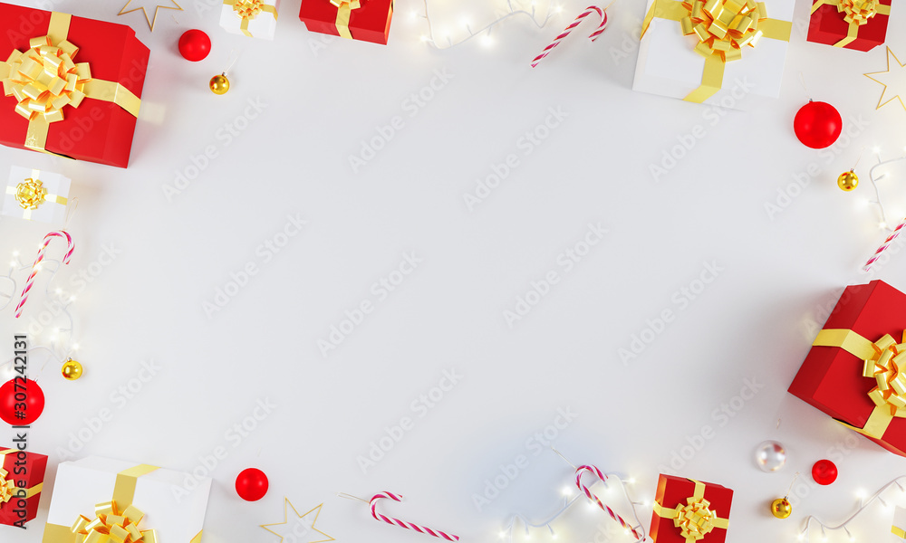 Christmas and New Year decoration flat lay on white background. Holiday greeting card. Christmas na New Year background concept. Gift boxes, candy canes, christmas tree branches and toys. Mockup. Christmas and New Year decoration flat lay on white background. Holiday greeting card. Christmas na New Year background concept. Gift boxes, candy canes, christmas tree branches and toys. Mockup.