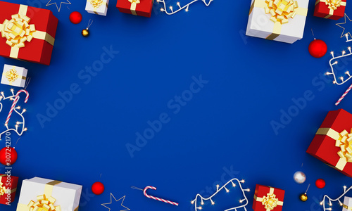 Slika na platnu Christmas and New Year decoration flat lay on blue background
