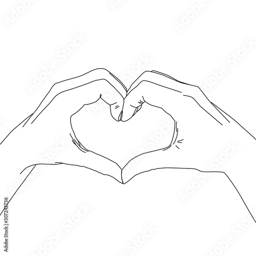 Sketch of hands showing heart shape gesture, Hand drawn line art illustration