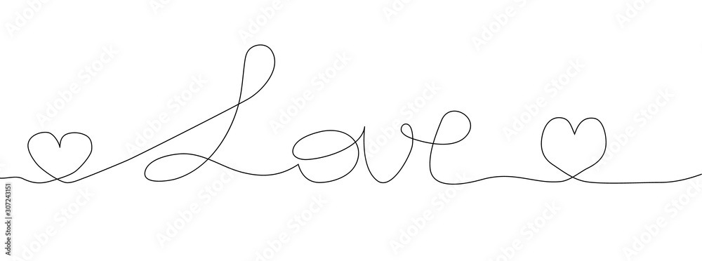 Continuous line drawing of heart and word LOVE, Black and white minimalist illustration of love concept made of one line Continuous line drawing of heart and word LOVE, Black and white minimalist illustration of love concept made of one line