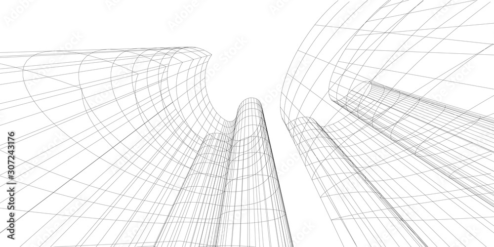 Modern architecture building. Linear 3d illustration. Concept sketch Modern architecture building. Linear 3d illustration. Concept sketch