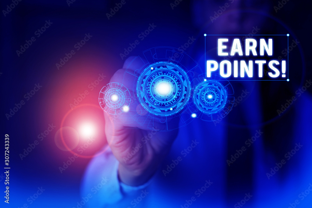 Text sign showing Earn Points. Business photo showcasing collecting scores in order qualify to win big prize Woman wear formal work suit presenting presentation using smart device