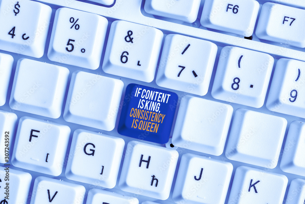 Text sign showing If Content Is King Consistency Is Queen. Business photo showcasing Marketing strategies Persuasion White pc keyboard with empty note paper above white background key copy space Text sign showing If Content Is King Consistency Is Queen. Business photo showcasing Marketing strategies Persuasion White pc keyboard with empty note paper above white background key copy space