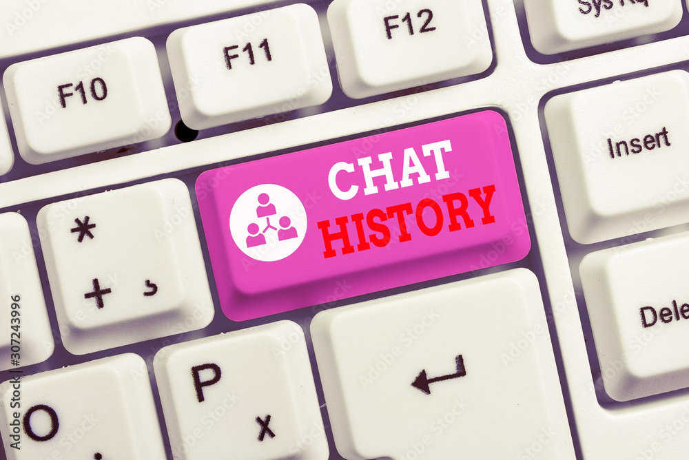 Conceptual hand writing showing Chat History. Concept meaning archive of transcripts from online chat and instant messaging White pc keyboard with note paper above the white background Conceptual hand writing showing Chat History. Concept meaning archive of transcripts from online chat and instant messaging White pc keyboard with note paper above the white background