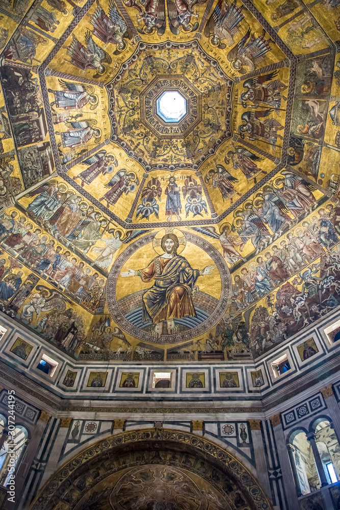 Fragment of ceiling mosaic with scenes of the Last judgment in the Florentine Baptistery of San Giovanni. Florence, Tuscany, Italy