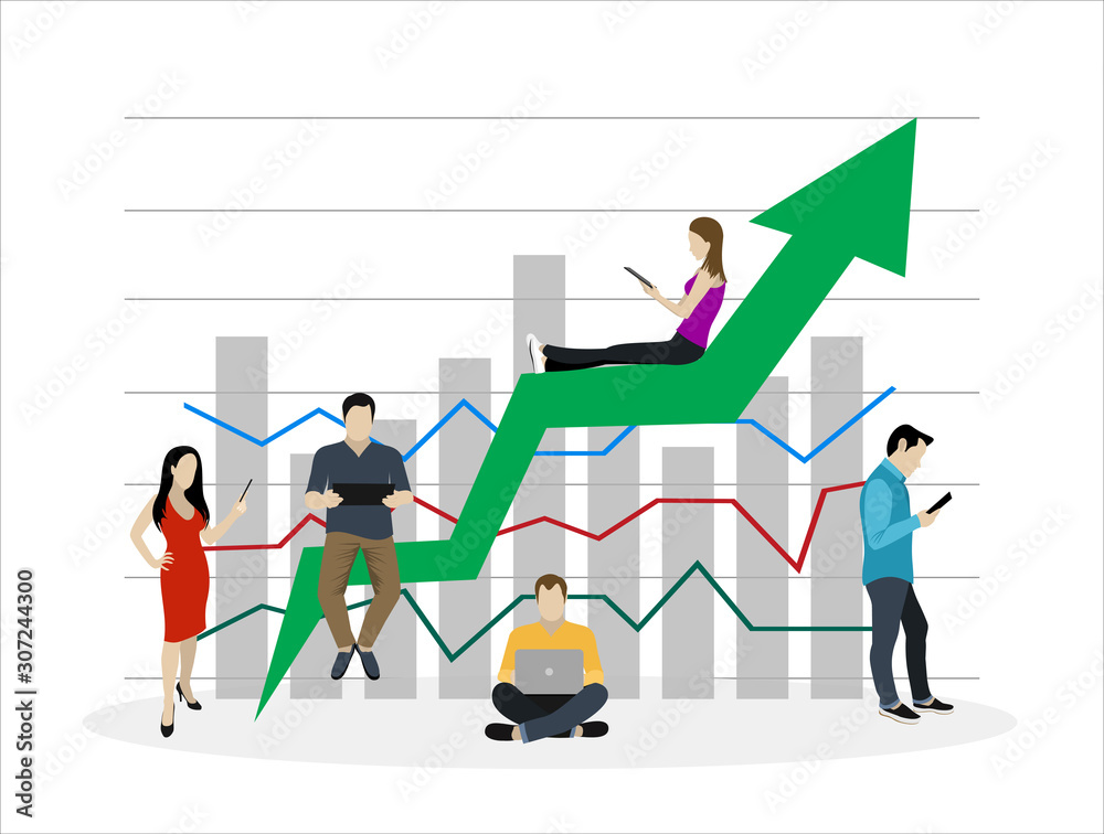 Business graph growth concept vector illustration of professional people working as team and sitting on growing chart. Flat people using laptops to develop business. White business background Business graph growth concept vector illustration of professional people working as team and sitting on growing chart. Flat people using laptops to develop business. White business background