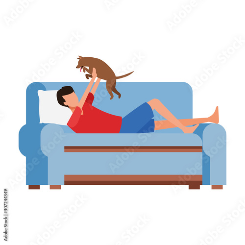man with a cat lying in couch, colorful design