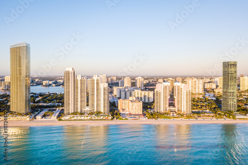 Aerial panorama of skyline at waterfront of South Florida