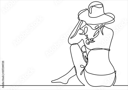 Back view of a beautiful slender young woman. She laid her hands on her hat-continuous line drawing