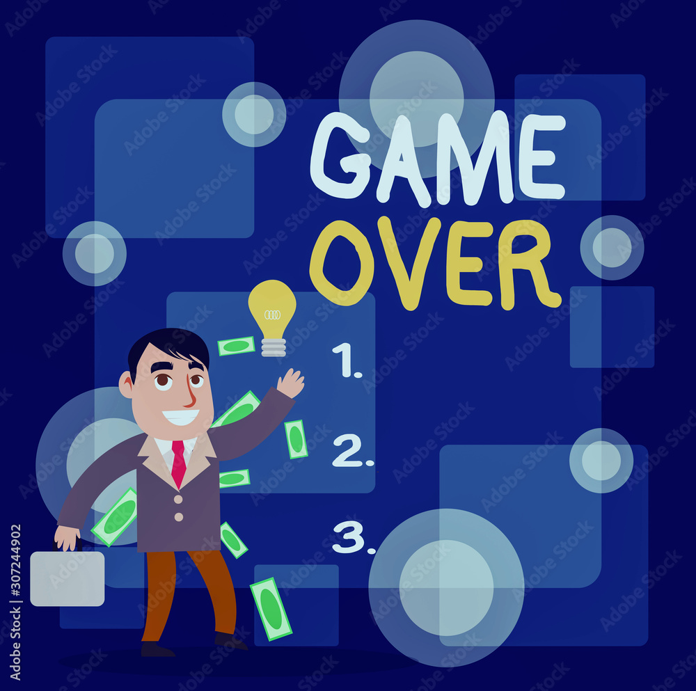 Writing note showing Game Over. Business concept for A situation in a particular sport that reach his finals or ending Successful Businessman Generating Idea or Finding Solution