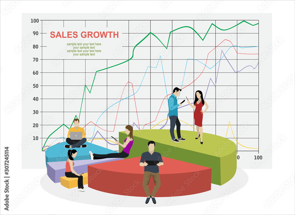 Business graph growth concept vector illustration of professional people working as team and sitting on growing chart. Flat people using laptops to develop business. White business background Business graph growth concept vector illustration of professional people working as team and sitting on growing chart. Flat people using laptops to develop business. White business background