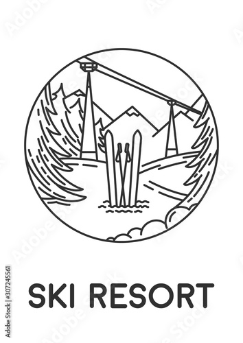 Ski equipment, trail, mountains.