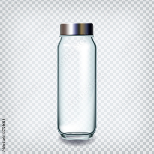 Glass Bottle Closed By Silver Cap For Water Vector. Empty Bottle With Chrome Lid For Healthy Drink, Juice Or Compote Stewed Fruit Transparency Background. Glassware Template Realistic 3d Illustration