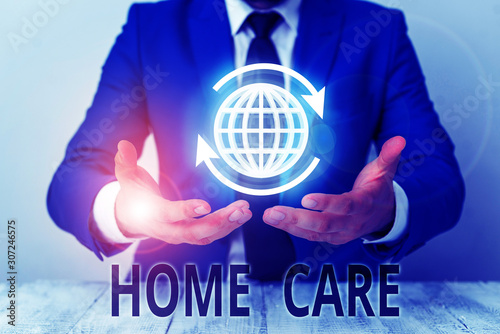 Text sign showing Home Care. Business photo showcasing Place where showing can get the best service of comfort rendered photo