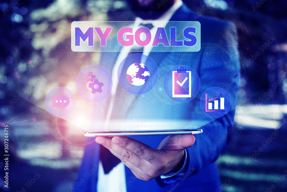 Text sign showing My Goals. Business photo showcasing Future or desired result that a demonstrating commits to achieve Male human wear formal work suit presenting presentation using smart device Text sign showing My Goals. Business photo showcasing Future or desired result that a demonstrating commits to achieve Male human wear formal work suit presenting presentation using smart device