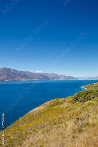 Lake in mountains, New Zealand landscape, blue sky and water, scenic view of Lake Hawea