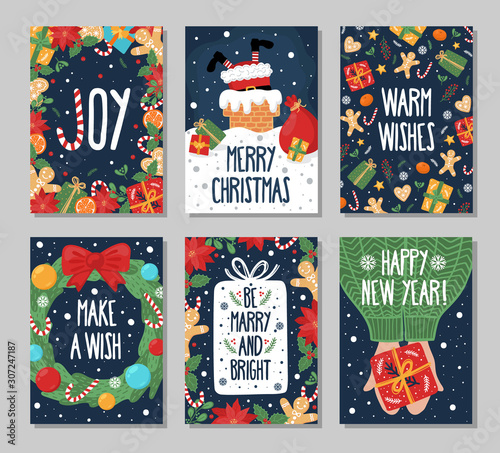 Set of Christmas and New Year greeting cards with hand-drawn elments. On dark blue background.