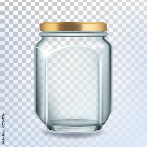 Glass Bottle Closed By Golden Cap For Sugar Vector. Empty Glass Package For Storaging Flour, Salt, Groats Or Peanuts Transparency Background. Glassware Template Realistic 3d Illustration