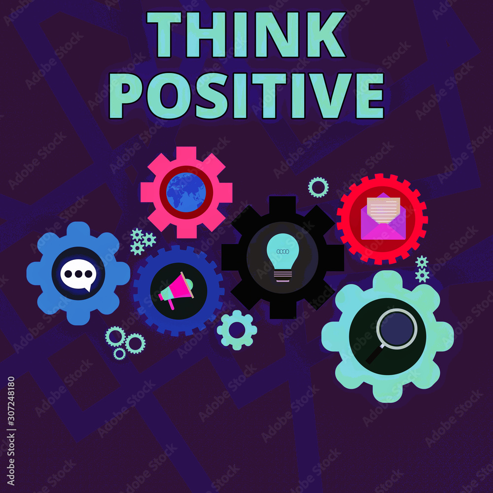 Word writing text Think Positive. Business photo showcasing The tendency to be positive or optimistic in attitude Set of Global Online Social Networking Icons Inside Colorful Cog Wheel Gear