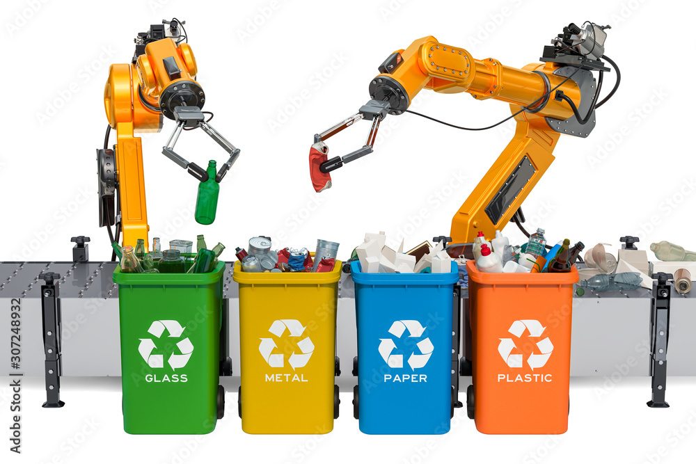 Robotic arms sorting garbage, automatic sorting of trash. 3D rendering