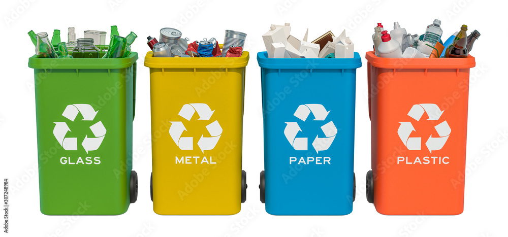 Set of recycling trash cans with glass, paper, metallic and plastic ...