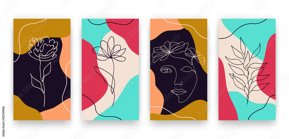 Vector trendy editable set of templates for social media networks stories. Modern design backgrounds with geometric elements and continuous line drawing of flowers, woman for flyers, cards, posters
