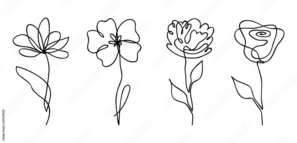 Vector set of one line drawing abstract flowers. Hand drawn modern minimalistic design for creative logo, icon or emblem
