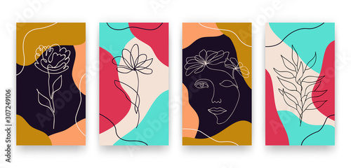 Vector trendy editable set of templates for social media networks stories. Modern design backgrounds with geometric elements and continuous line drawing of flowers, woman for flyers, cards, posters © eireenz